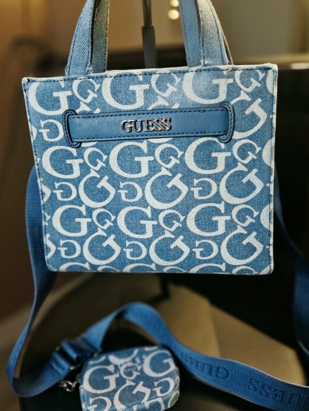 GUESS Blue Denim Canvas Logo Mini Tote Crossbody